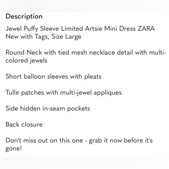 Zara Jewel Puffy Sleeve Limited Mini Dress Retro Y2K 80's 90's Barbiecore Rare* - Picture 9 of 10